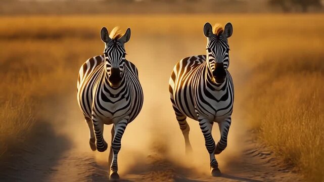 Two zebras gallop along a sunlit savanna path, golden grasses glow as dusk settles over plains wide