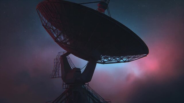 Parabolic radio dish towers beneath a vivid aurora sky, its steel lattice silhouetted against stars
