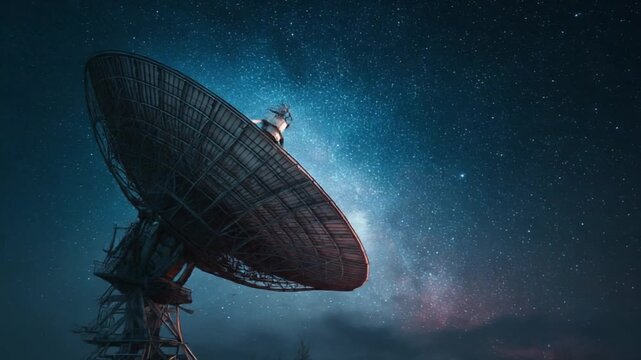 A colossal radio dish rises beneath a starry night, a lone figure atop its curved frame under stars!