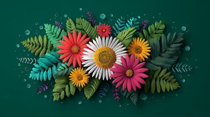 Vibrant Floral Arrangement with Daisies and Ferns on Dark Green Photo Background flowers