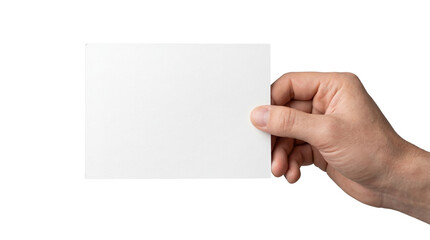 Fototapeta premium Male Hand Holding Blank White Horizontal Paper Card Isolated on White Background Mockup