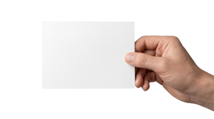 Male Hand Holding Blank White Horizontal Paper Card Isolated on White Background Mockup