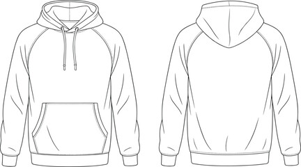 Mens raglan sleeve hoodie technical fashion sketch, hooded sweatshirt apparel flat sketch template, blank fleece pullover vector illustration for design tech pack © rakib's world