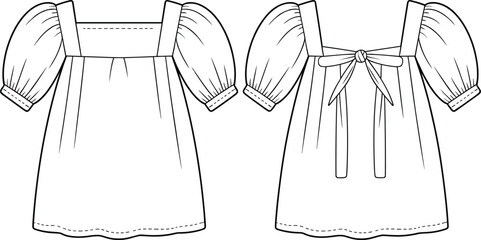 omens strapless tiered ruffle mini dress technical fashion sketch, ruched corset bodice apparel flat sketch, party dress vector illustration for design tech pack development