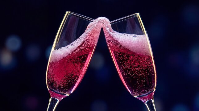 A striking macro photograph captures two elegant champagne flutes clinking together, causing vibrant pink champagne to erupt in a cascade of effervescent bubbles and foam. Sharp studio lighting with a