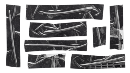 Set of 9 Transparent Black Adhesive Tape Strips Isolated on White