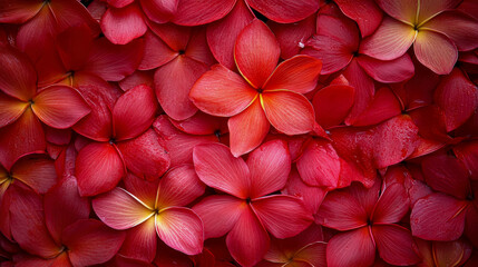 Richly textured, overhead macro view of deep crimson and ruby red plumeria flower petals scattered closely together, some showing yellow centers and fresh water droplets