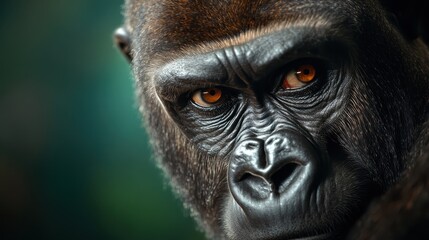 Obraz premium A close-up of a majestic gorilla's face, showcasing its expressive eyes and detailed facial features, reflecting the beauty and strength of wildlife in its natural habitat.