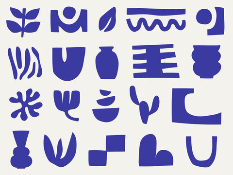 Collection of indigo blue organic botanical and geometric cutout shapes with vases and lines for aesthetic design