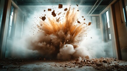 A powerful explosion creates dramatic clouds of dust and debris in an industrial environment, portraying the raw force and energy of destruction and reconstruction.