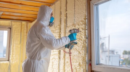 Construction worker applying foam insulation