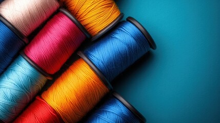 An array of colorful spools of thread arranged against a contrasting background, representing creativity, craftsmanship, and the art of textile design.