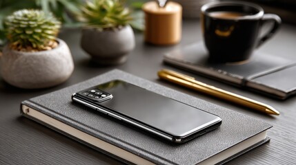 Modern workspace with smartphone and coffee