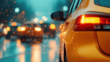 A vibrant yellow car captured during a rainy evening in an urban setting, highlighting the contrast of colors and the dynamic atmosphere of city life in the rain.