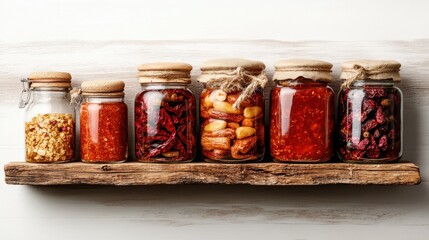 A beautiful arrangement of jars filled with colorful homemade preserves, showcasing variety and craftsmanship, ideal for enhancing any kitchen's aesthetic and culinary experience.