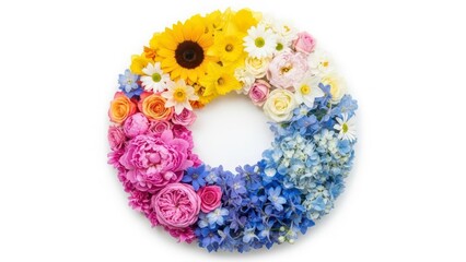 Vibrant rainbow floral wreath featuring sunflowers, peonies, and hydrangeas on white background