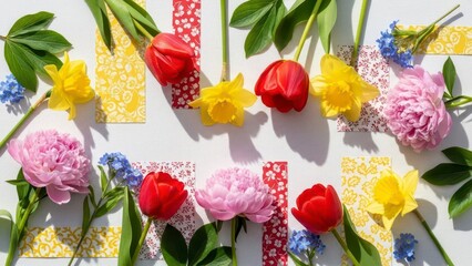 Vibrant red tulips, yellow daffodils, and pink peonies arranged for a beautiful spring composition