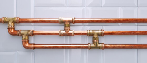Fototapeta premium Copper pipes and fittings on white tiles