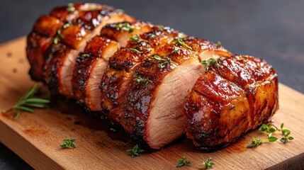 A beautifully sliced roast meat glistening with glaze on a wooden board, showcasing culinary artistry and the essence of gourmet cooking in a warm, inviting atmosphere.
