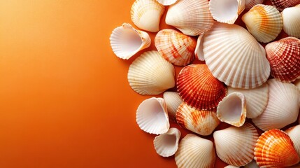 A vibrant collection of seashells arranged artfully on a bright orange background, creating a visually appealing display that captures the essence of beach life and nature's beauty.