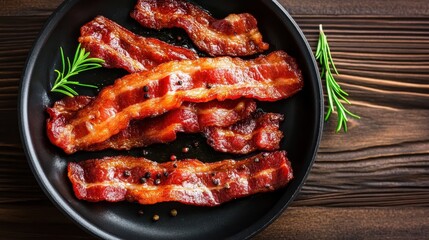 Delicious crispy bacon strips sizzle in a black frying pan, providing an appetizing view that evokes morning breakfast sensations and encourages indulgence.