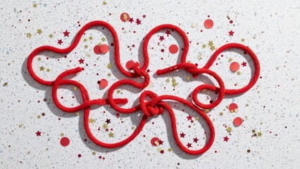 Intricate red cord tangled in knots on a festive speckled background with glitter