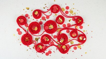 Red yarn swirls with gold confetti on a white background creating a festive abstract pattern