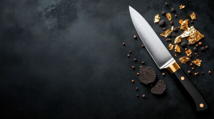 An elegant chef's knife surrounded by gourmet ingredients including truffles and gold leaf, emphasizing the art of culinary creativity and luxury in food preparation.