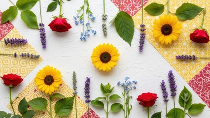 A beautiful flat lay arrangement of vibrant flowers including roses, sunflowers, and lavender
