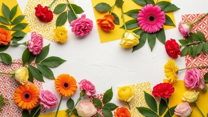 Colorful and vibrant spring flowers creating a beautiful border on a textured white background