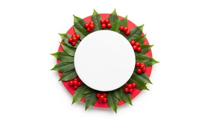 Christmas wreath made of green holly leaves and red berries surrounding a central blank white circle for holiday greeting messages.