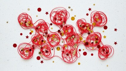 Abstract cluster of tangled red thread forming organic circular shapes with scattered small confetti pieces isolated on white for modern design.