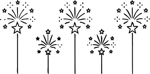 Simple black and white illustration of fireworks with stars and slender sticks © MAYENUDDIN