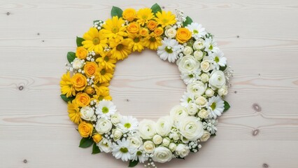 A circular floral wreath featuring a gradient transition from bright yellow to white blossoms isolated on a light wood surface for decoration.