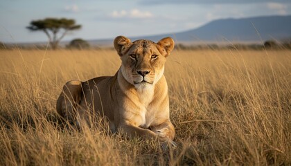 Majestic Lioness Resting Gracefully in Golden Grassland under Soft Blue Sky at Sunset in African Savannah