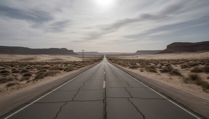 Open Road Through Desert Landscape Under Cloudy Sky with Sunlight Peeking in Remote Area