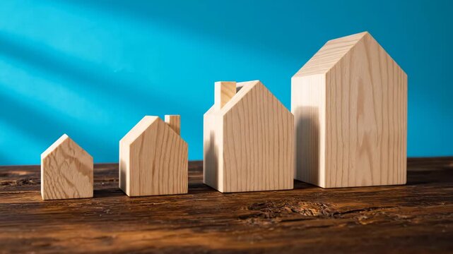 Wooden house models in graduated sizes displayed on a wooden table against a blue background, representing growth and investment in real estate.