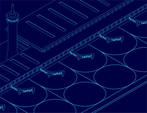 Airport terminal blueprint with a central control tower, surrounded by circular runways and taxiways on a deep blue background. The contour lines suggest a detailed architectural plan. Isometric view