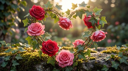 Beautiful roses in heart shape on mossy stone wall in garden