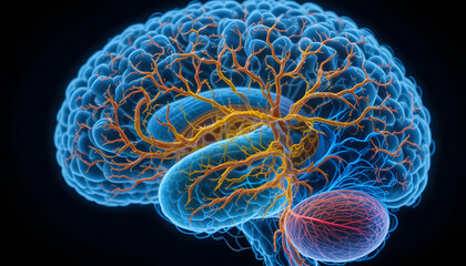 Detailed human brain with vibrant neural network and blood vessels visible