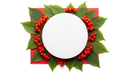 Botanical Canvas: A meticulously crafted composition featuring vibrant red berries, lush green leaves, and a central white circle, all arranged against a contrasting red backdrop.