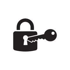 Black and white vector illustration of key and open padlock security and access concept
