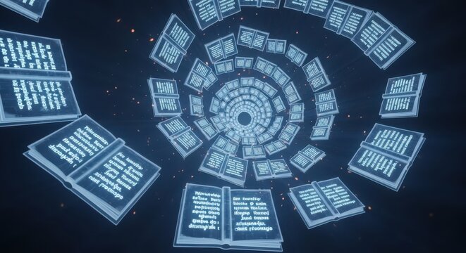 Futuristic digital library spiral with glowing books and data