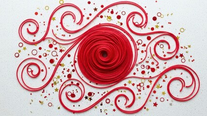 Intricate red paper quilling art with swirling lines and small decorative dots creates an elegant abstract shape isolated against a clean white.