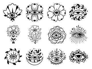 Eye boho. Lineart Vector illustration. Flower moon , Magic celestial witchcraft symbol. Masonic symbol. Hand drawn logo or emblem