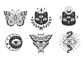 Mystical boho celestial set, Vector illustration. Flower moon, sun, Eye, Crystal, Hand drawn logo line art