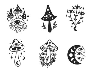 Mystical boho mushrooms celestial set, Vector illustration. Flower moon. Hand drawn logo, line art