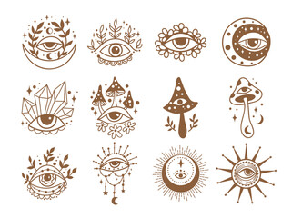 Mystical boho celestial set, Vector illustration. Flower moon, sun, Eye, Crystal, Hand drawn logo line art