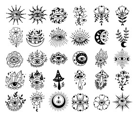 Mystical boho celestial set, Vector illustration. Flower moon, sun, Eye, Crystal, Hand drawn logo line art