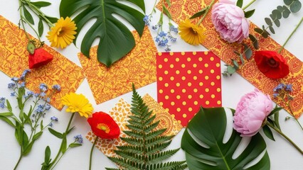 Assortment of tropical leaves, textile swatches, and vibrant flowers are arranged for crafting and design presentation isolated on a white background.